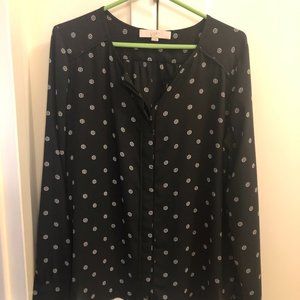 LOFT Long Sleeve Dot Blouse - Black/White - Size M